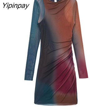 Yipinpay 2023 Sexy Women Tulle Printed Mini Dresses Vintage Female Slim Dresses Beach Party Long Sleeve O-neck Vestidos Mujer